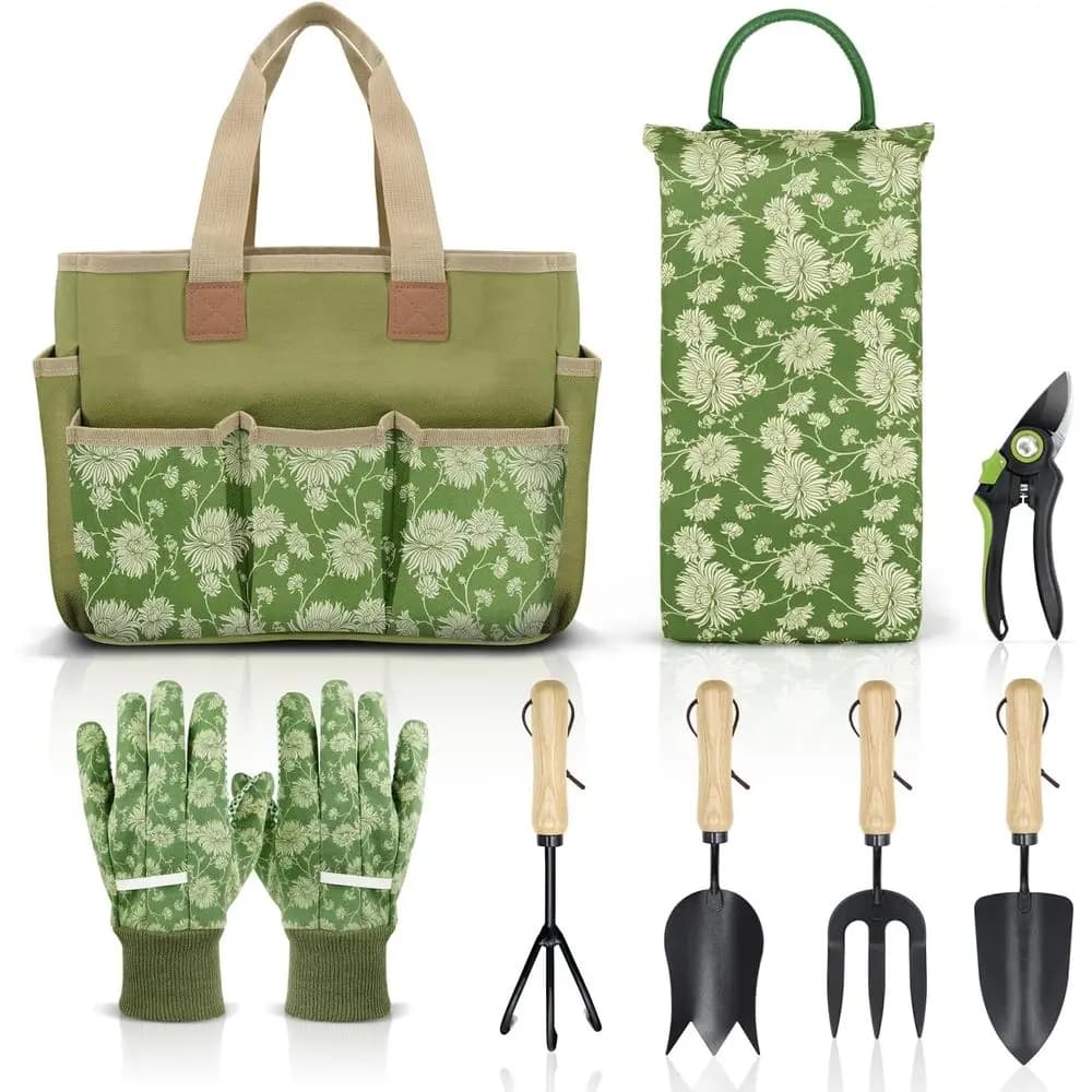 Set of 8 Gardening Tools Resistant with Wood Frames, Bag, Knee Pad, Gloves, Power, Paletta, Tulip and Cultivator