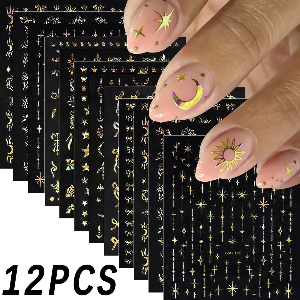 12 pezzi 3D laser oro stella luna bowknot adesivi per nail art boemia sole foglie autoadesive cursore per unghie decalcomanie per manicure di lusso