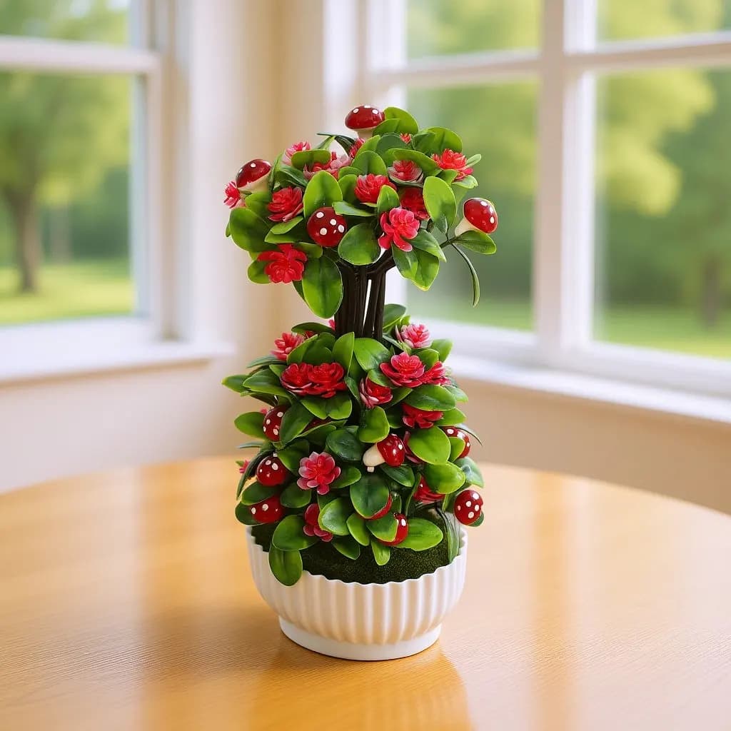 Realistic Small Faux Bonsai Tree with Mushroom Accents in Decorative Plastic Pot Fake Desk Plants for Office Bathroom Shelf