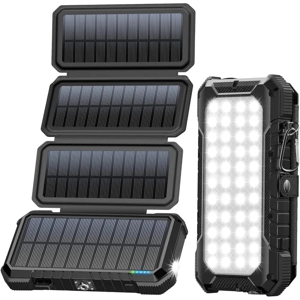 Power Bank Solare da 20000mAh con 4 Pannelli, Ricarica Rapida PD 18W, USB-C Portatile, Luce da Campeggio, Bussola, Moschettone per Uso Esterno