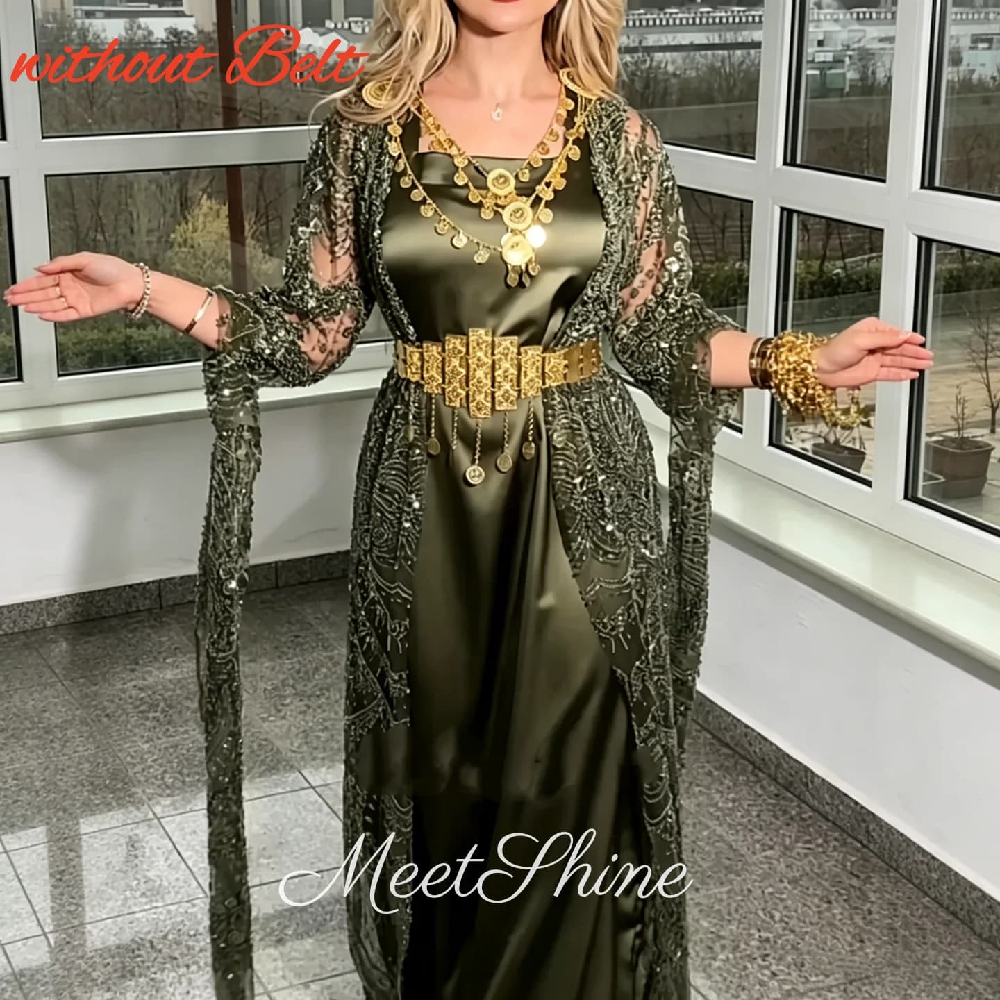 Abiti da sera di lusso verde oliva con scollo quadrato e maniche lunghe, senza cintura, con perline, abiti da sposa personalizzati per Dubai e Arabia Saudita