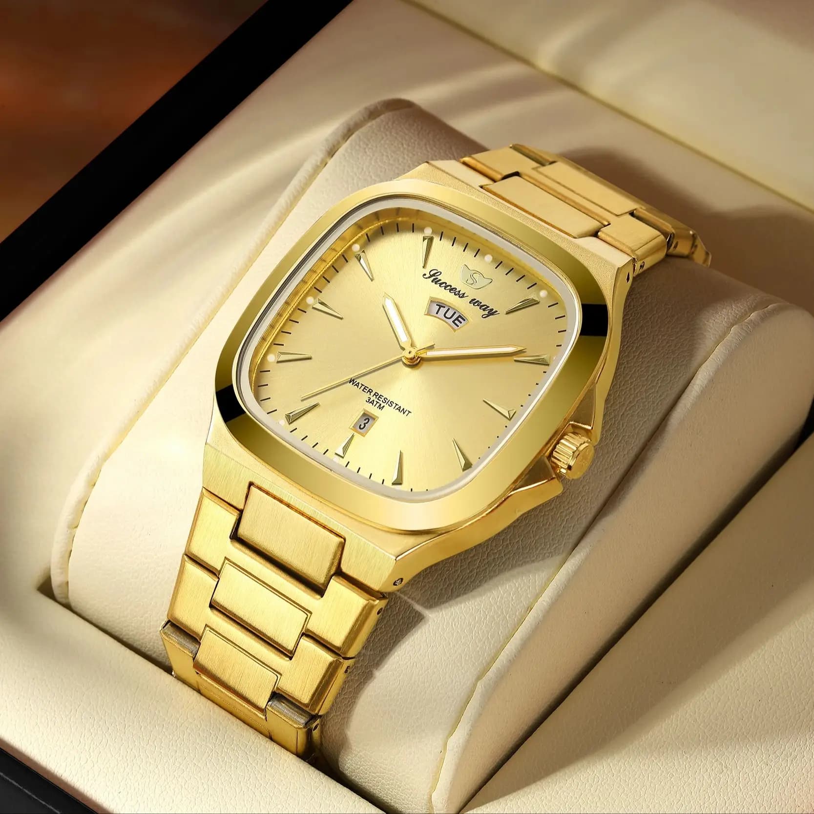 Men's Rectangular Quartz Watch Wrist Watch With Two Color Stainless Steel Bracelet Waterproof Men's Simple Watch