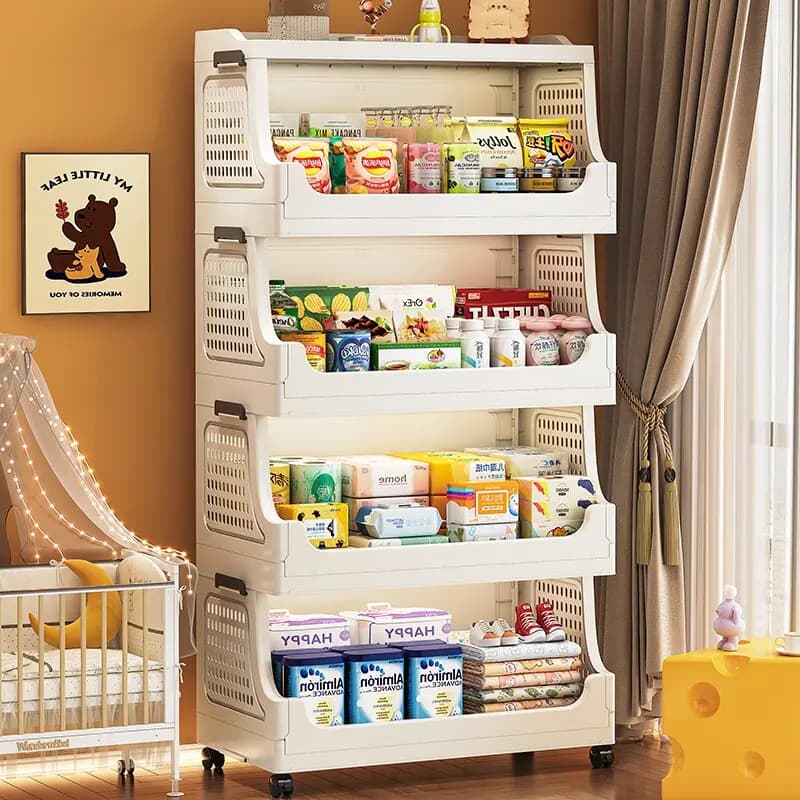 Foldable Mobile Snack Cart, Kids Toy Organizer, Plastic Rolling Shelf for Living Room, Bedroom, Kitchen - Space-Saving Rack