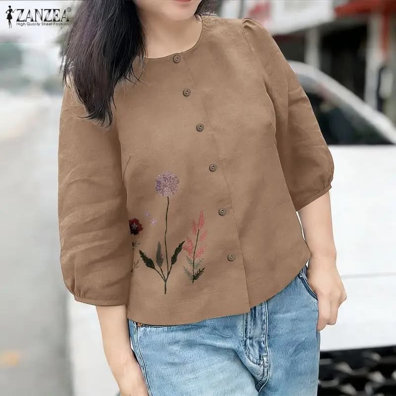 ZANZEA Camicetta Estiva Stampata, Camicie alla Moda per Donne, Maniche 3/4, Bottoni, Tunica Casual Larga, Top Oversize Elegante, Abbigliamento da Strada
