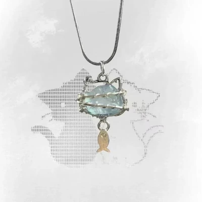 Planet Cat Necklace for Women, Fresh Elegant Style, Aurora Starry Sky Blue Glass, Dreamy Cosmic Clavicle Chain