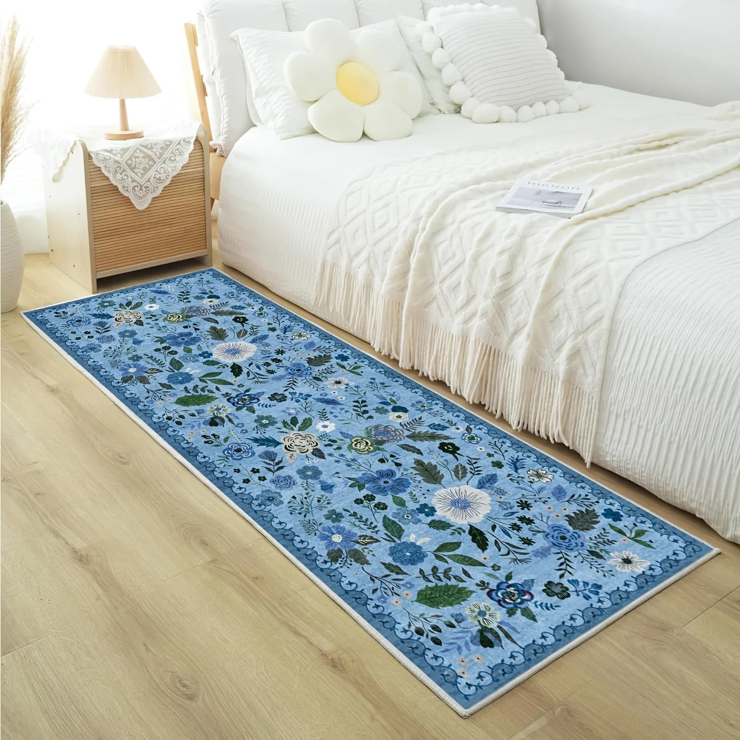 VIKAMA Tappeto a strisce lunghe con fiori freschi per corridoio della camera da letto Resistente alle macchie e facile da pulire - Tappeto laterale per la decorazione domestica