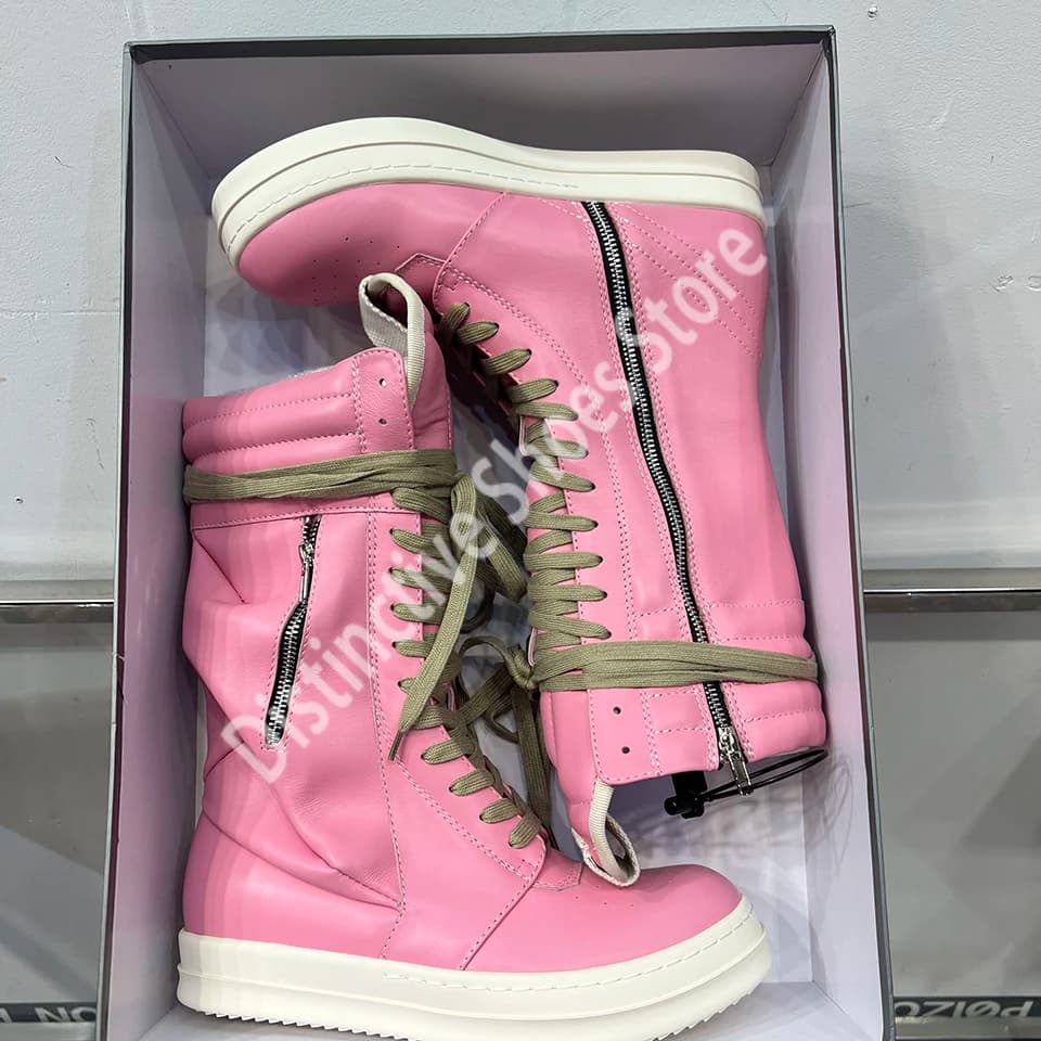 Pink Leather Pleated Pocket Mid Calf Platform Boots Unisex Side Zip Lace Up High Top Shoes Fashion Men Women Casual Sneakers
