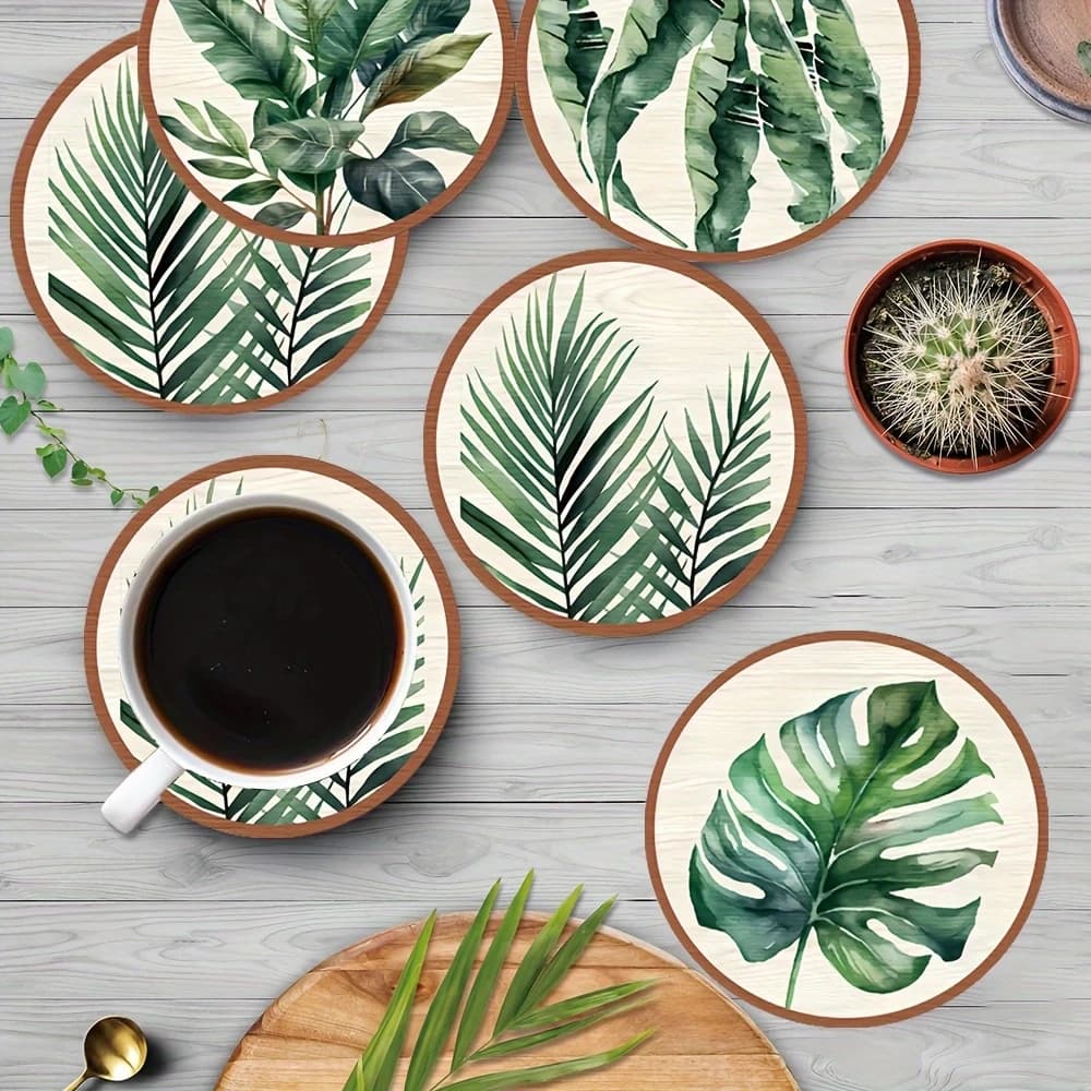 Set di 5 Sottobicchieri in Legno con Motivo a Foglie Tropicali, Decorazione Artistica Creativa per Uso Quotidiano in Casa, Cucina, Ufficio e Scrivania