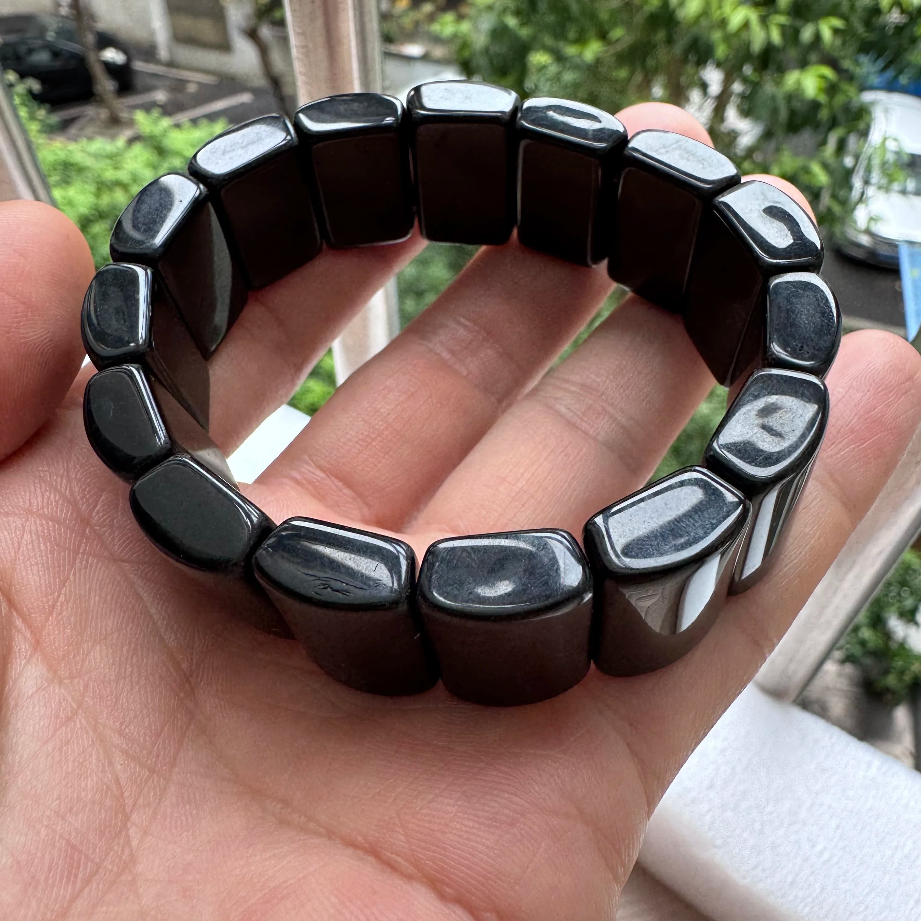 Bracciale all'ingrosso da 1 pezzo in pietra naturale nera, bracciale da uomo e donna con gemme semipreziose autentiche da 13-20 mm