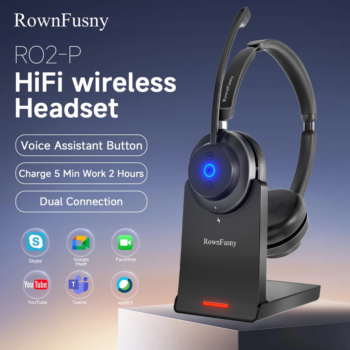 Rownfusny R02 Wireless headset with work microphone Dongle USB over-ear Bluetooth headphones for call center with noise cancellation
