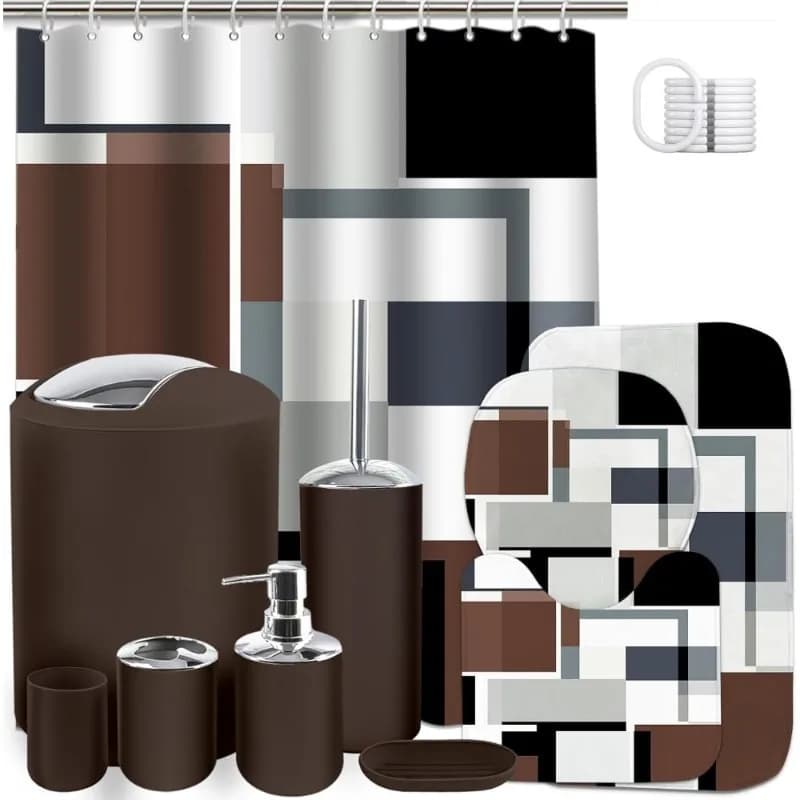 HOME-Set di decorazioni per il bagno geometrico marrone da 23 pezzi con tappeti per tende da doccia Pattumiera Porta scopino Dispenser di sapone
