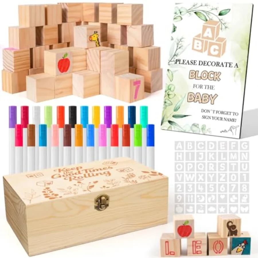 Set di 119 Blocchi per Gioco Baby Shower con Scatola in Legno e Insegna Decorativa Quadrata, 44 Blocchi in Legno Vuoti Fai-da-Te, 24 Pennarelli Colorati, 49