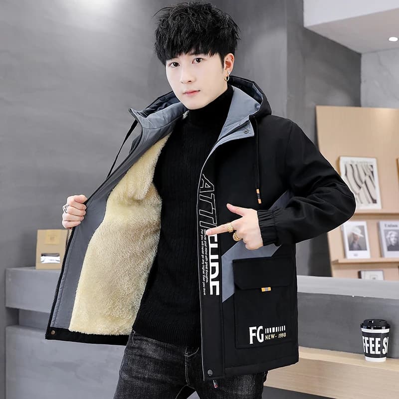 Winter Fleece Lined Jacket Men's Hooded Print Youth Fashion Splicing Lettering Workwear Cool Top Polyester Fiber Long Sleeve