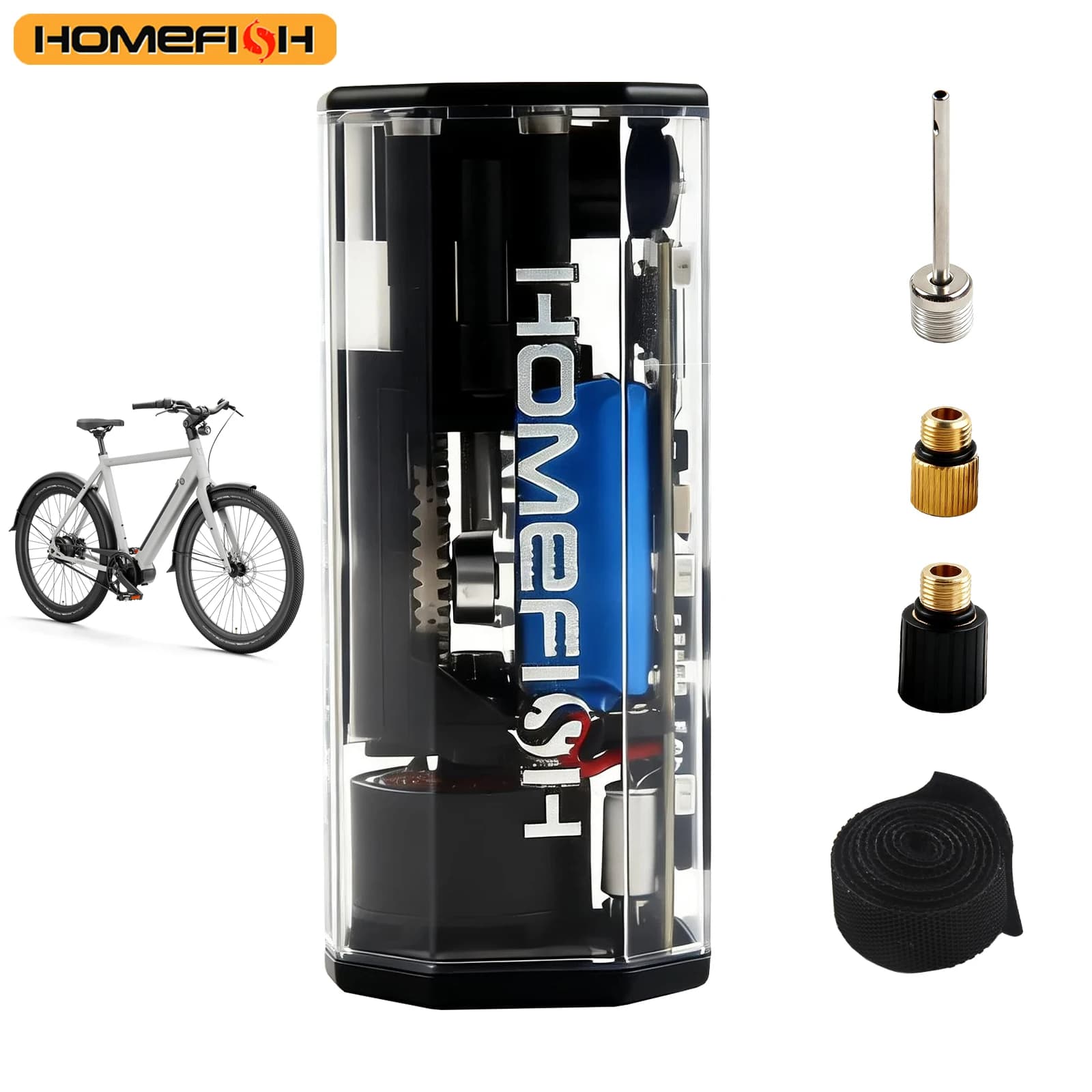 Mini compressore d'aria portatile HOMEFISH per gonfiaggio pneumatici auto, moto e biciclette.