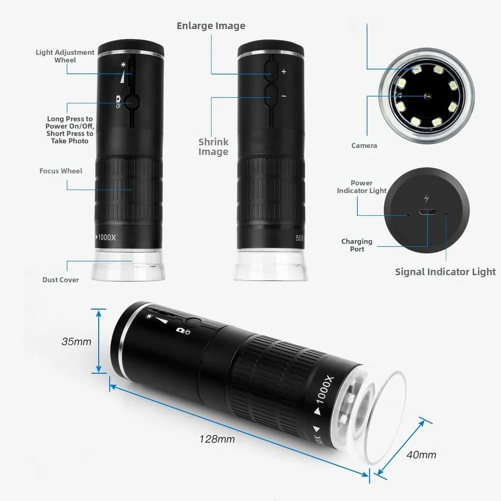 Microscopio digitale WiFi F210 portatile wireless HD 1080P con LED regolabile e zoom da 50X a 1000X per l'ispezione