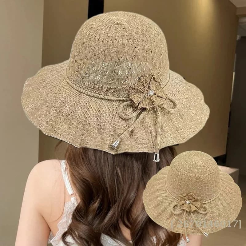 【YY26】Cappello di paglia a tesa larga con protezione UV, alla moda, casual, traspirante, da spiaggia, tipo bucket, per l'estate