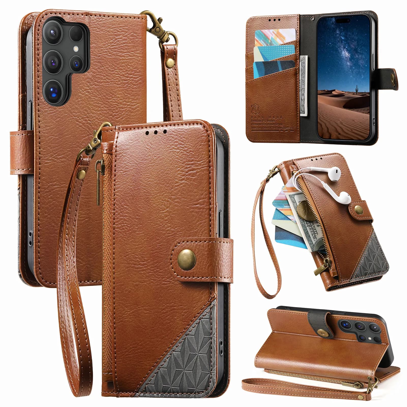 Custodia a portafoglio in pelle con cerniera per Samsung S26 25 24 23 Plus Ultra FE, per Samsung A15 A16 17 A33 A34 A35, con laccetto, cover per telefono