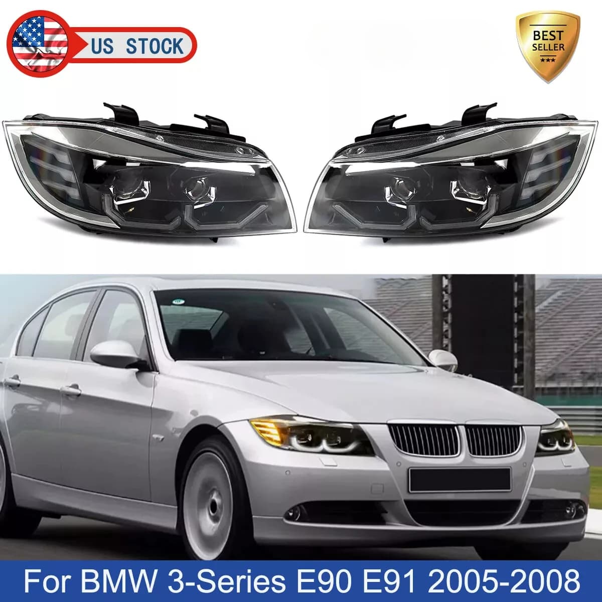 Luce per auto per BMW Serie 3 E90 E91 325i 328i 2005-2008 Faro anteriore LED bianco 3D Cristallo U-Halo DRL Lampada di segnalazione automobilistica