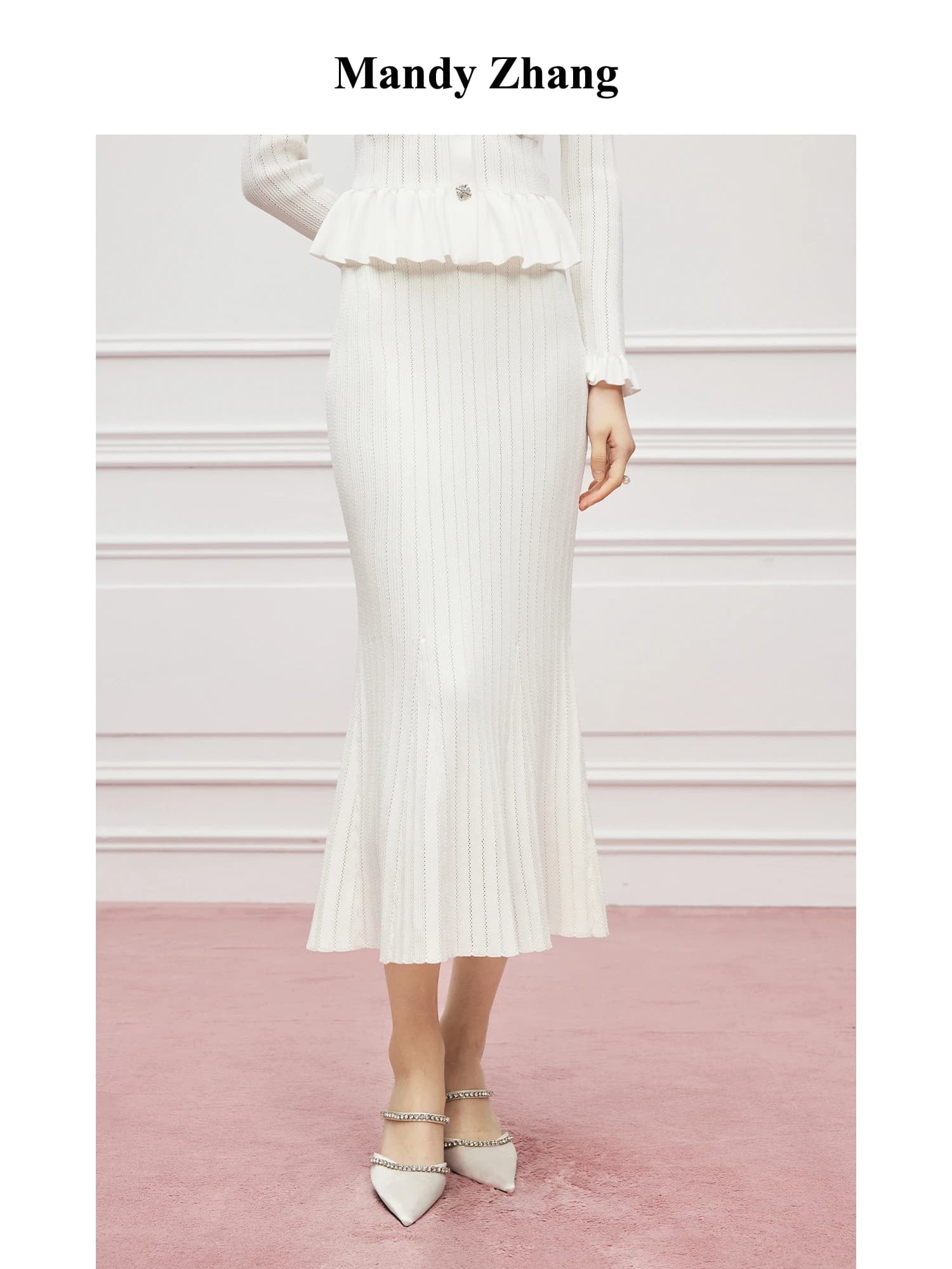 MandyZhang Gonna Lunga a Sirena Bianca con Ricami Pesanti a Vita Alta, Abito Lungo da Donna in Maglia a Onda per Primavera, Elegante a Forma di H
