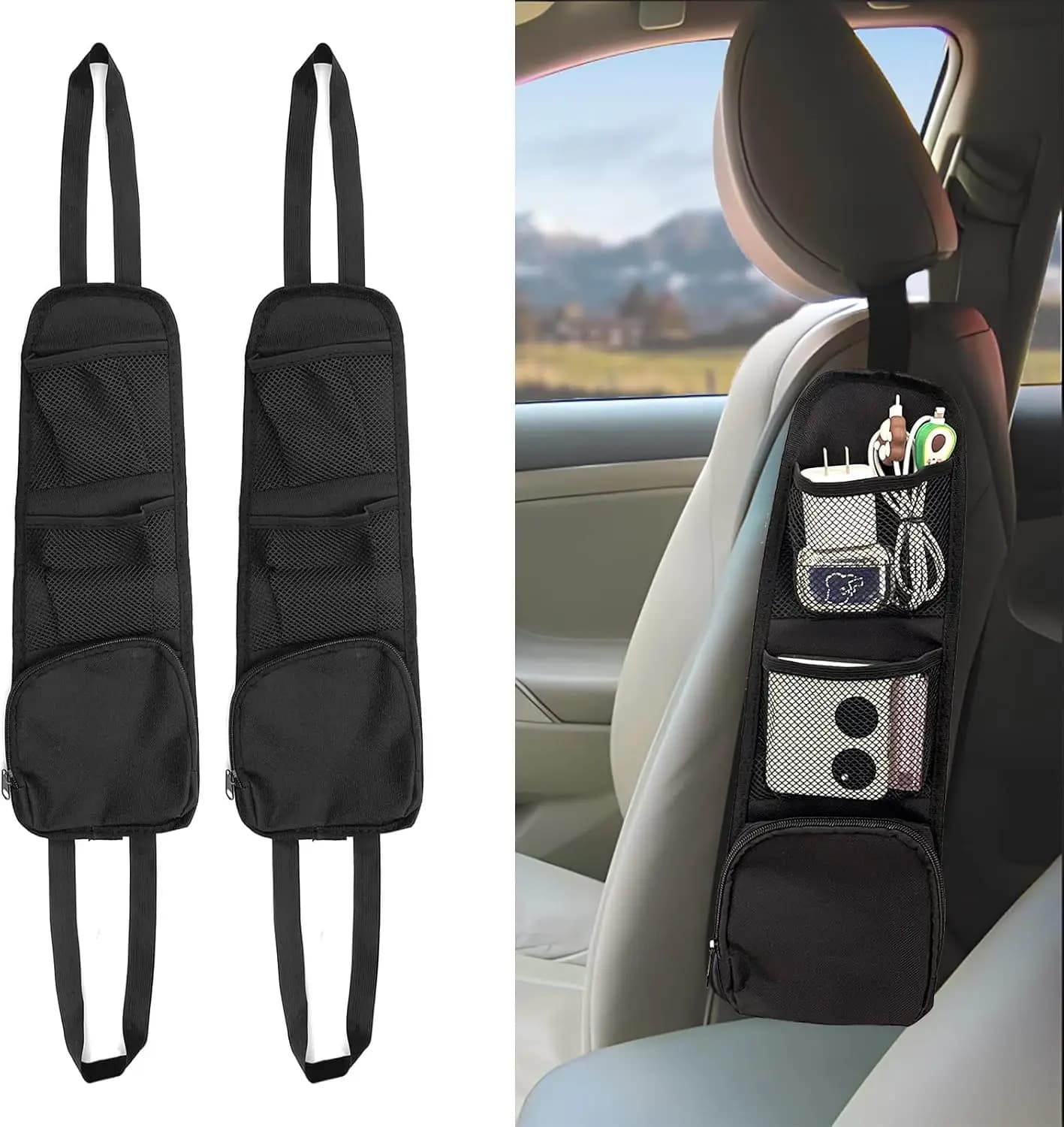 Borsa portaoggetti da appendere al sedile dell'auto, organizer laterale multitasche con rete per telefoni, portafogli, occhiali, adatta a auto, SUV, camion