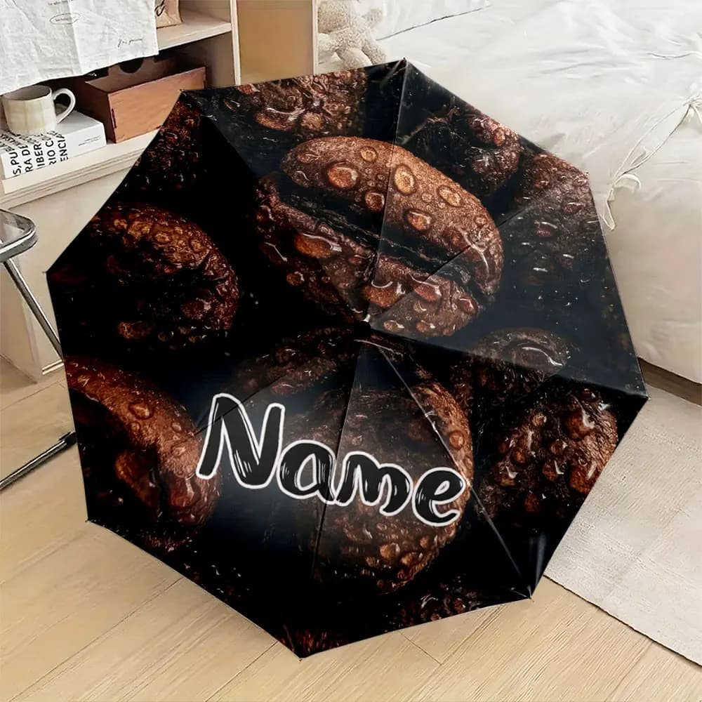 Custom Name Umbrella, "Coffee Bean Print Umbrella with Stylish Text Design" Folding Umbrella for Sunny and Rainy,Gift