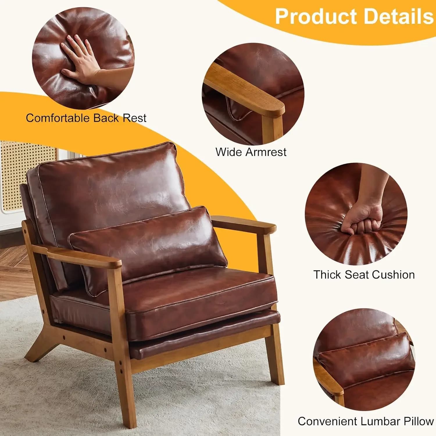 Mid-Century Lounge Accent Chair, Red-Brown | Wide Curved Armrest, PU Leather, Lumbar Pillow Included, Solid Wood Frame, For Livi