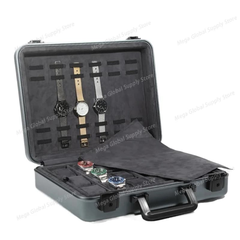 Aluminum Luxury Watch Box Large Metal Watch Box Organizer Storage Bag with Lock 18 Grid Suitcase Travel Case Display Box Gift