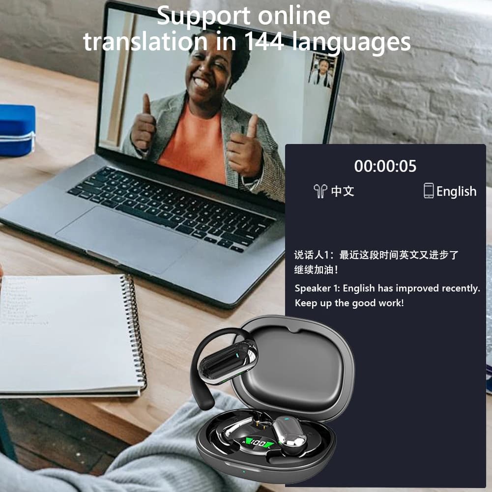 Auricolari Wireless Bluetooth 5.3 con Gancio per Orecchio, Traduzione in Tempo Reale, Cancellazione del Rumore per Viaggi e Affari