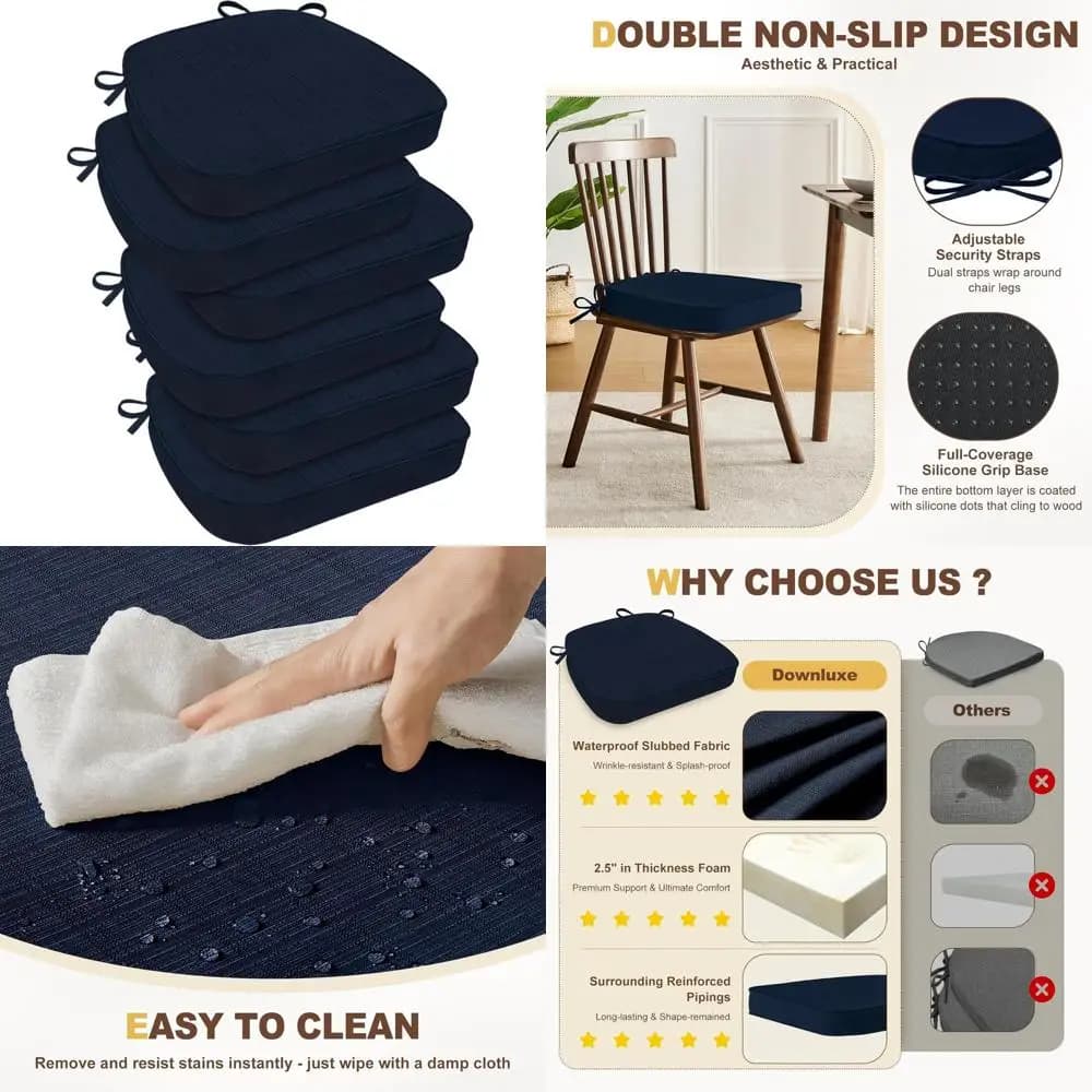 Set di 6 cuscini impermeabili per sedie da pranzo, colore blu navy, 17x16x2,5, antiscivolo con lacci