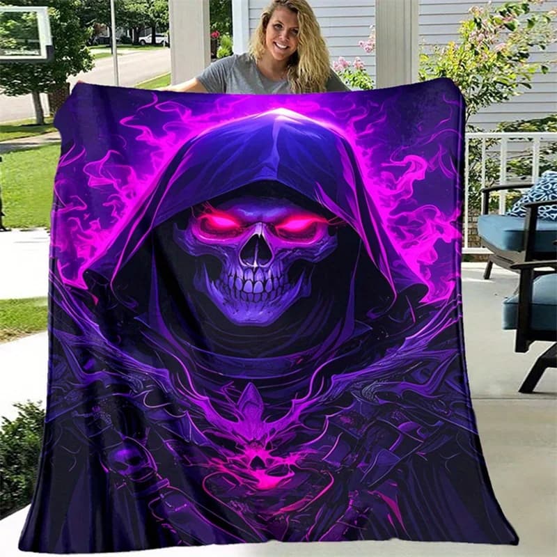 Purple Grim Reaper Skull Print Flannel Blanket Soft Lightweight Throw Blanket for Sofa Bed Couch All‑Season Cozy Blanket