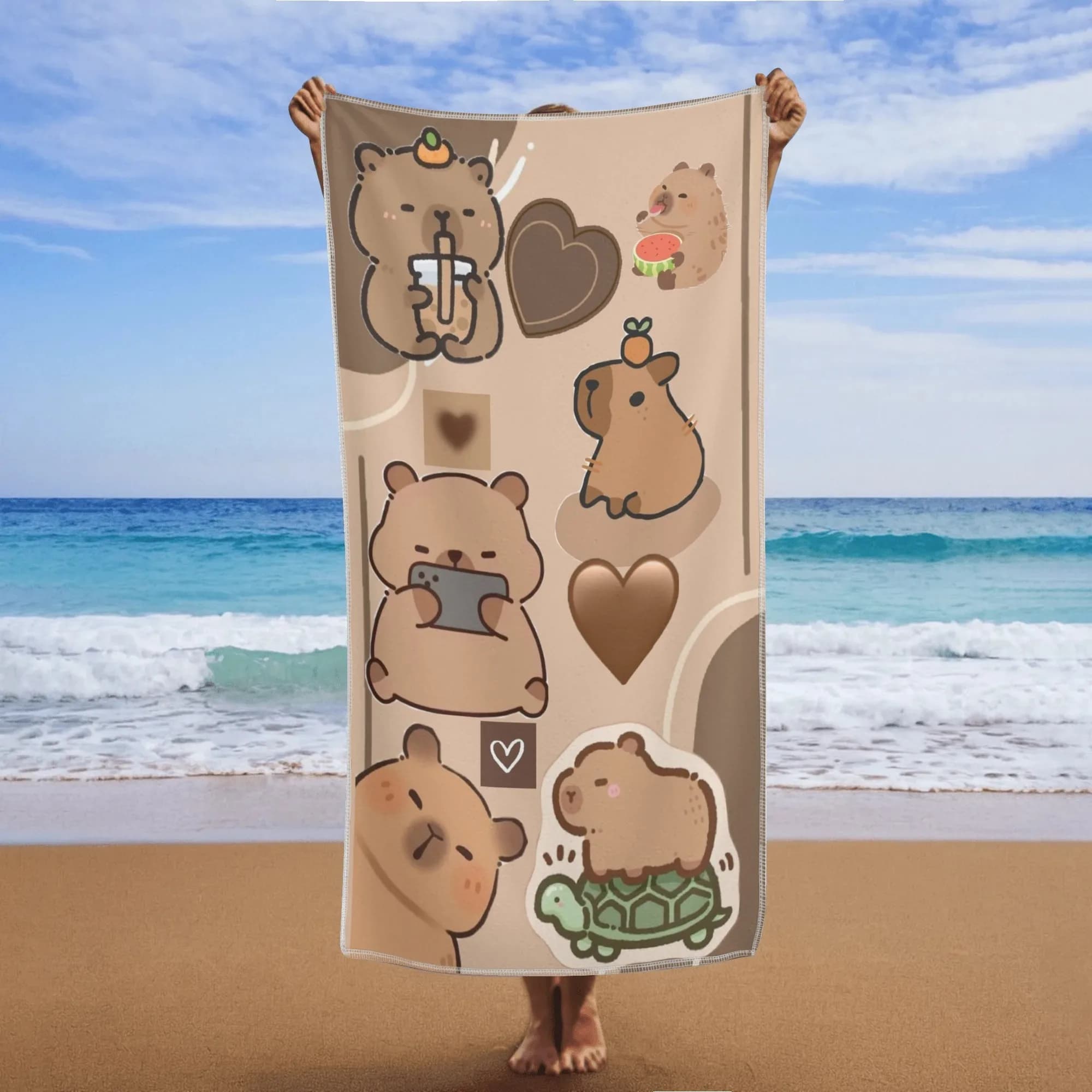 Asciugamano da spiaggia Capybara Cartoon Hearts Ice Glasses, morbido, ad asciugatura rapida, leggero, per viaggi, nuoto, campeggio