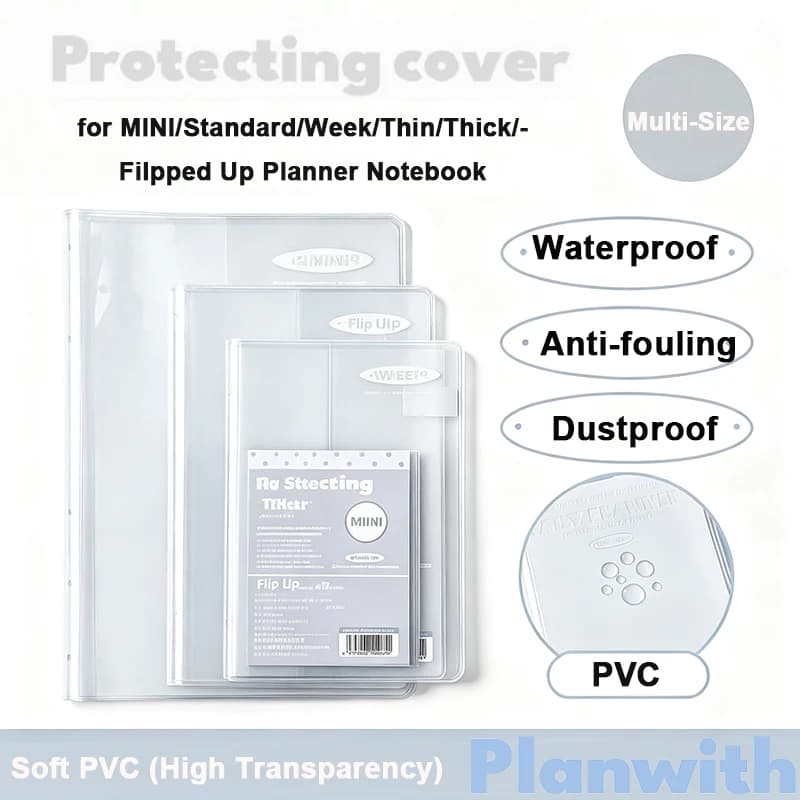Planwith Multi-Size Protective Sleeve Compatible with Notebook Planners, Polka Dot / Crystal Clear 180° Flat Lay Quality Tools