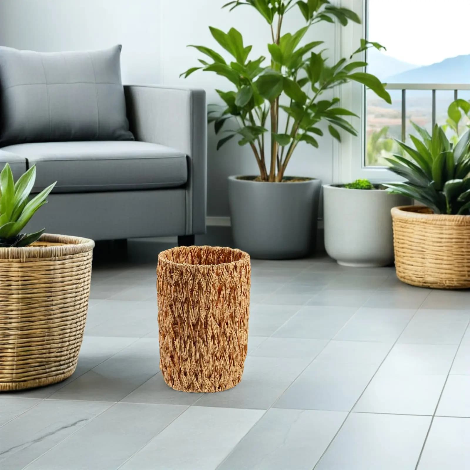 Cestino in Rattan Sintetico Intrecciato a Mano, Rotondo, Compatto, Decorativo, per Ufficio, Camera da Letto, Dormitorio, Scrivania, Multifunzionale