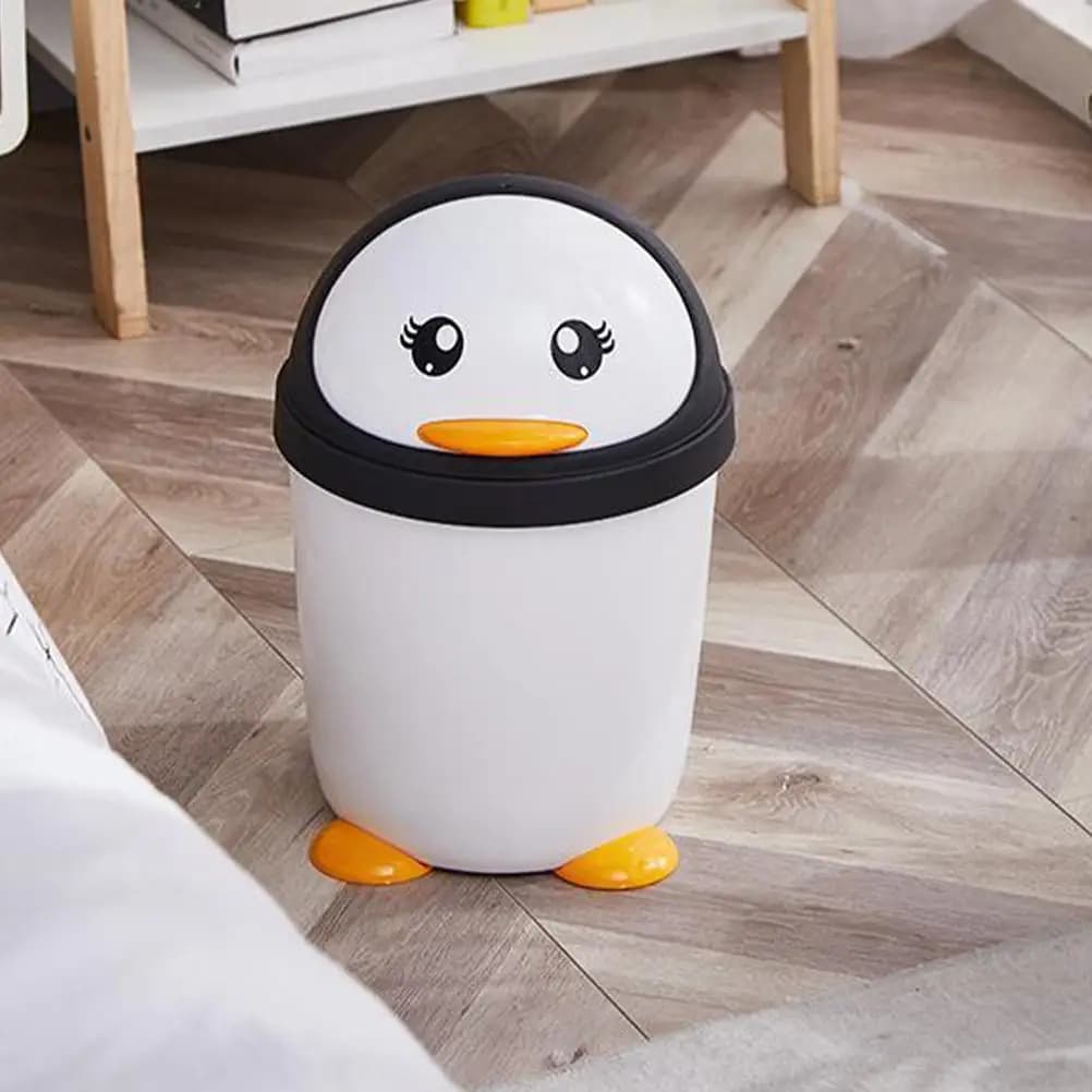 Simpatico pinguino con coperchio oscillante, cestino per la spazzatura, cestino per la spazzatura in plastica, camera da letto, ufficio, auto, cucina, organizer da tavolo, per uso in camera dei bambini