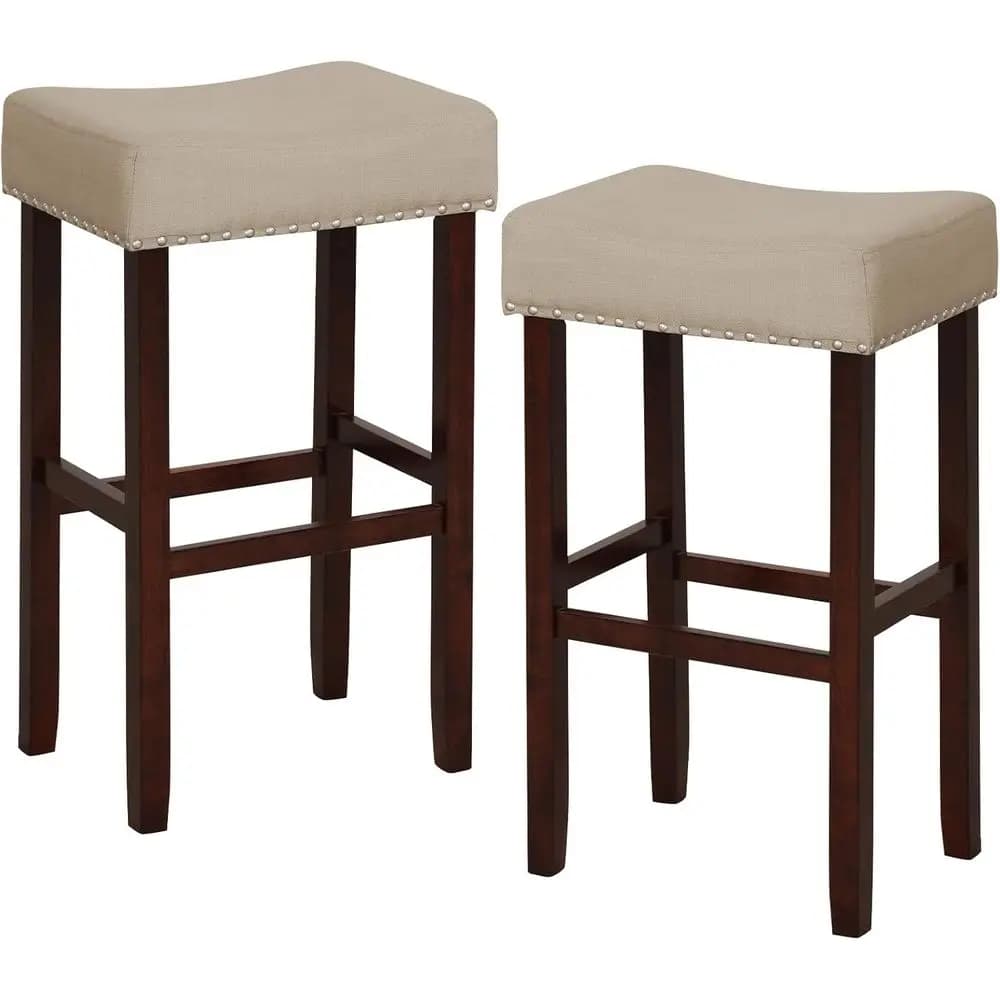 Set di 2 Sgabelli da Bar Imbottiti, Altezza 29.5, con Finitura Decorativa, Poggiapiedi, Beige
