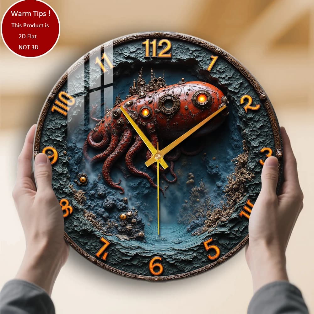 Tempered Glass Wall Clock Steampunk Octopus submarine watch suitable for wall decorations or table displays anywhere