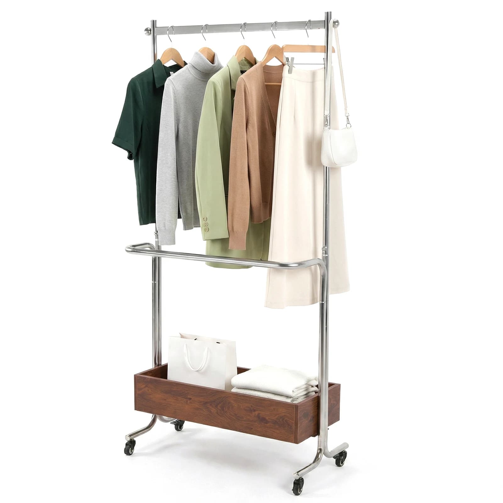 Appendiabiti Piccolo con Scatola Contenitore in Legno, Appendiabiti Portatile con Ruote a Doppio Palo per Appendere Vestiti, Portafogli, Cappelli