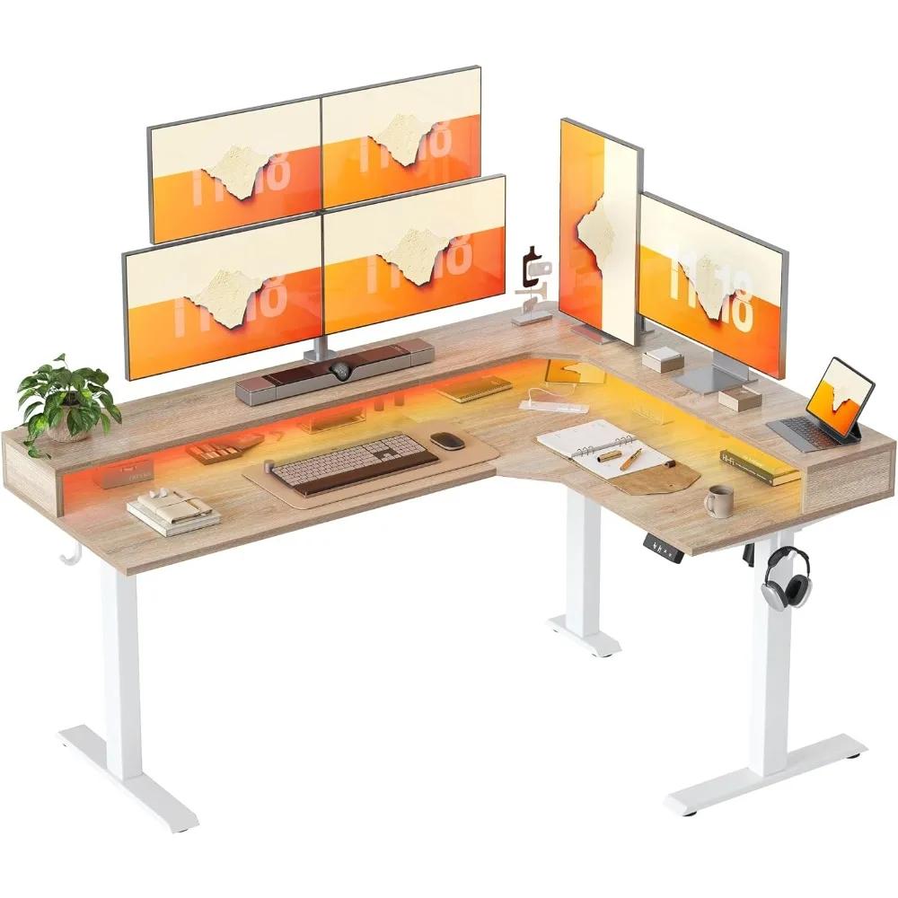 63 Inch L Shaped Desk Height Adjustable Corner Table With LED Striped Current Grip And Ergonomic Monitor, Customized