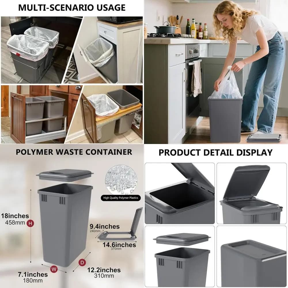 Set di 2 Pattumiere da 35 Quarti con Coperchio, Contenitore per Rifiuti da 9,25 Galloni per Riciclaggio e Conservazione in Cucina, Grigio