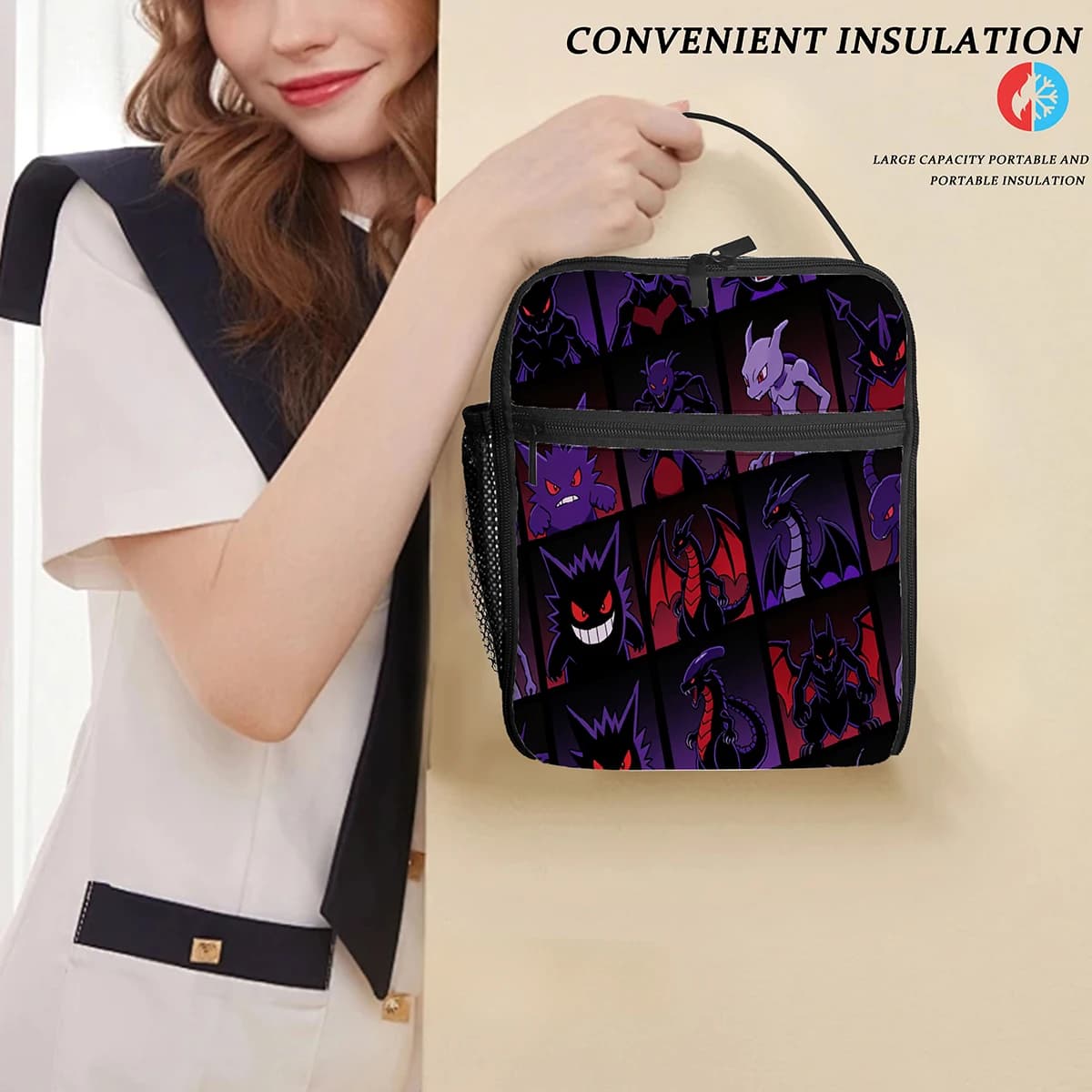 Borsa termica per il pranzo Anime Pokemon Gengar & Dark Dragon, borsa per il pranzo riutilizzabile con tasca per la scuola, i viaggi e i picnic