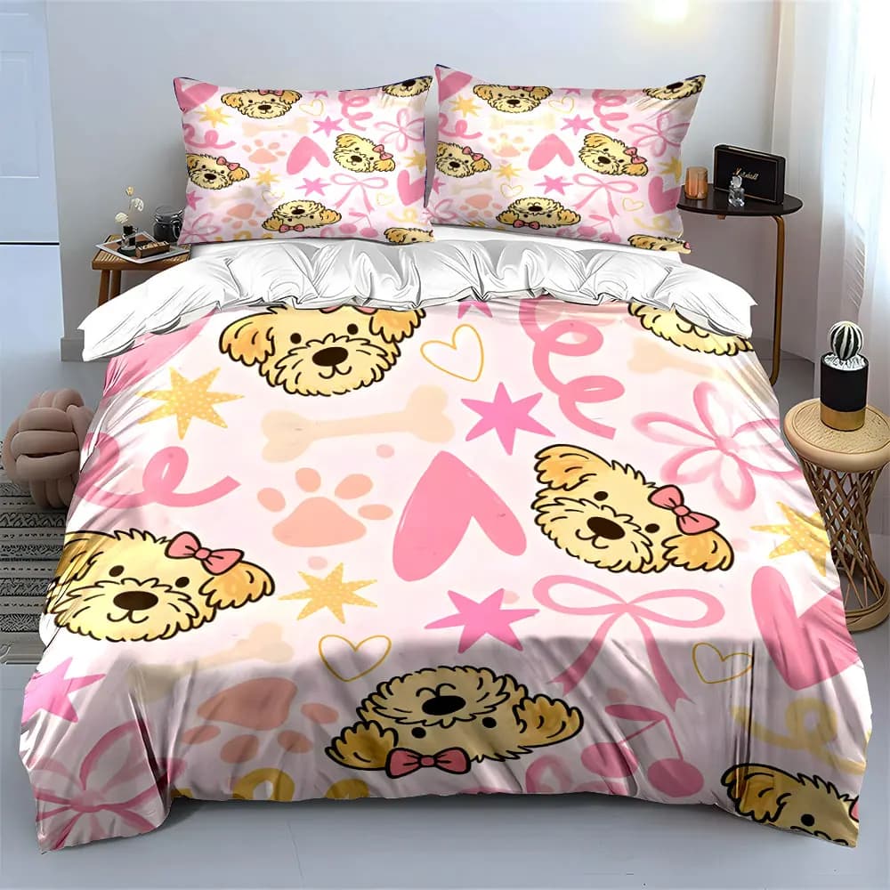 Set di Biancheria da Letto a Tema Cane Cartoonesco in Tre Pezzi: 1 Copripiumino e 2 Federe, Singolo, Matrimoniale, King, Queen, Idea Regalo