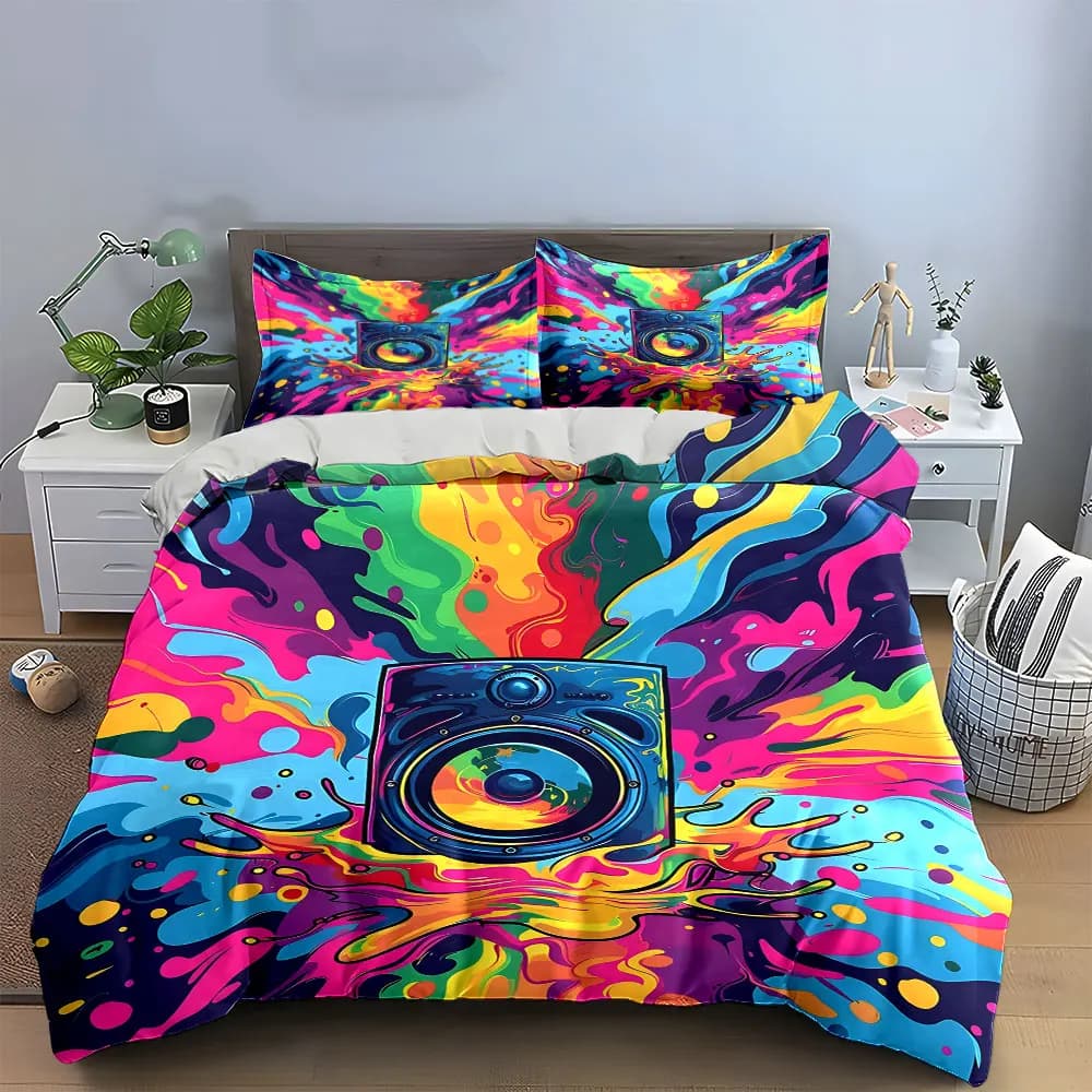 Set di biancheria da letto colorata con motivo a altoparlanti, morbida e delicata sulla pelle, include 1 copripiumino e 2 federe, idea regalo