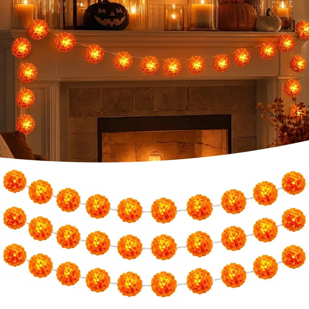 3 M Mexican Marigolds Flower String Lights 20 Flashing-Orange Led Cempasuchil Style Garland Battery Powered Day Halloween Decor