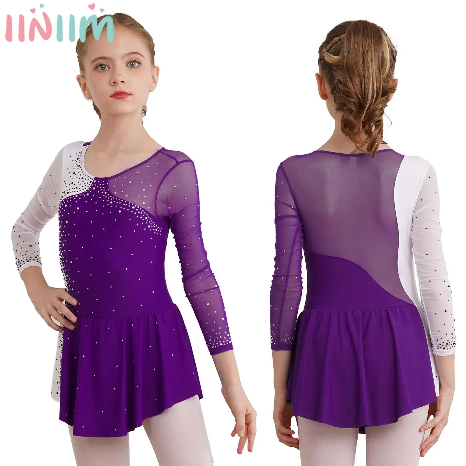 Body da pattinaggio di figura per bambina, manica lunga, strass lucidi, abiti in rete trasparente per balletto, danza lirica, ginnastica