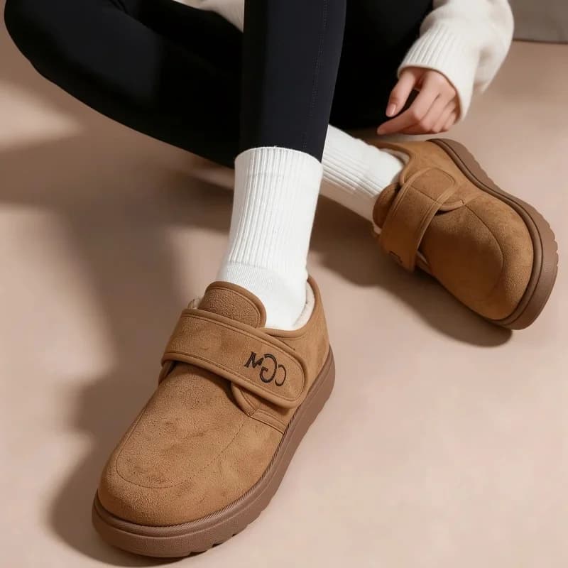 Women's Winter Fleece Inner Sole Loafers With Ultra-Fine Fiber Suede Upper And Velcro Thermal Cotton Lining Casual Outdoor Shoes