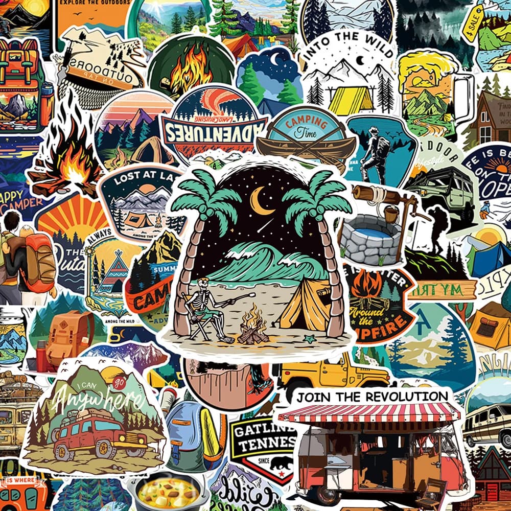 10/30/50/100 Pezzi Adesivi Cartoon per Campeggio e Escursionismo, Scenari di Foresta e Avventure Selvagge, Decorazioni per Valigie, Telefoni, Quaderni, Giocattoli