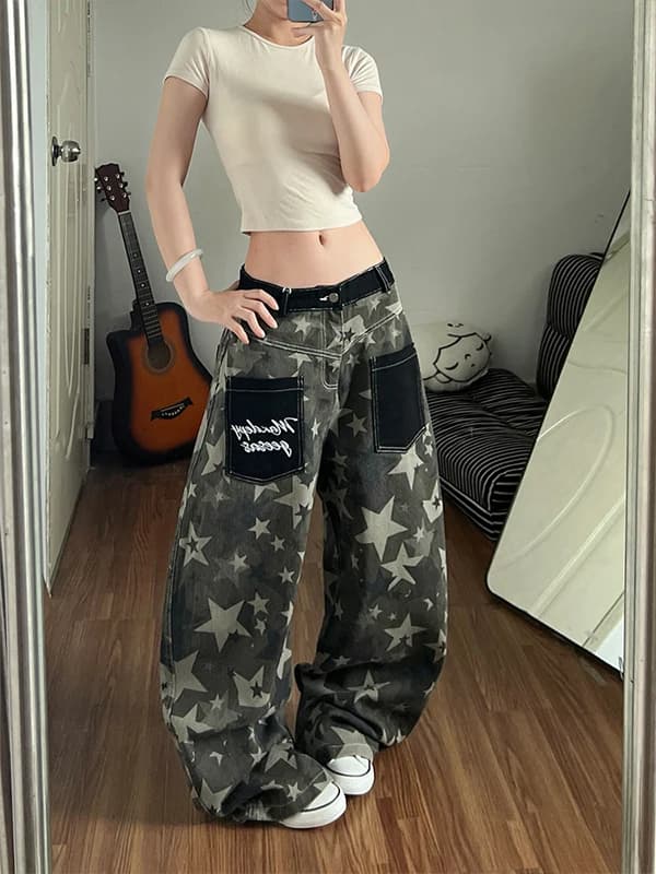 Retro American Star Print Wide Leg Jeans Women Summer Heavy Stitching Pocket Loose Long Trousers Casual High Waist Denim