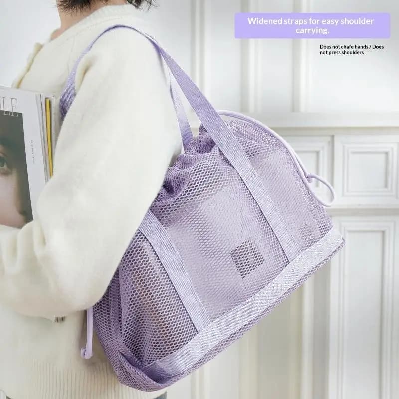 New Simple Breathable Mesh Drawstring Tote Bag Handbag Sturdy Base Comfortable Handles For Women Gym Swimming Beach OutingsAcc