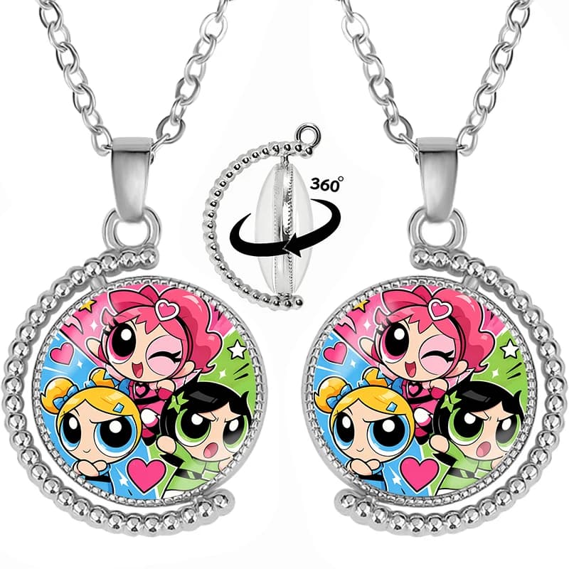 The Powerpuffs Girls Rotatable Necklace for Couple Anime Cartoon Double-sided Printing Necklaces Men Women Good-looking Necklace