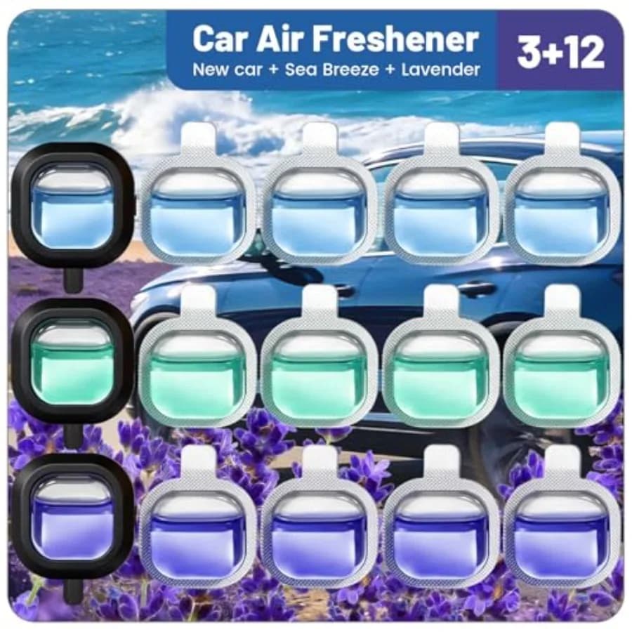 Deodorante per Auto, 12 Ricariche + 3 Clip per Bocchette d'Aria, 5 Profumi: Auto Nuova, 5 Profumi: Brezza Marina, 5 Profumi: Lavanda, Deodorante a Lunga Durata